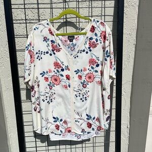 Simply Emma White Floral Blouse with Red and Blue Accents